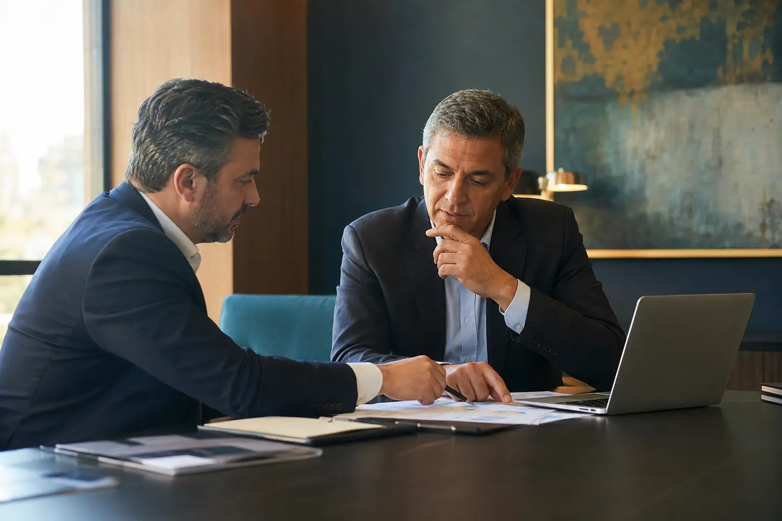 Consultores analisando documentos durante um diagnóstico empresarial