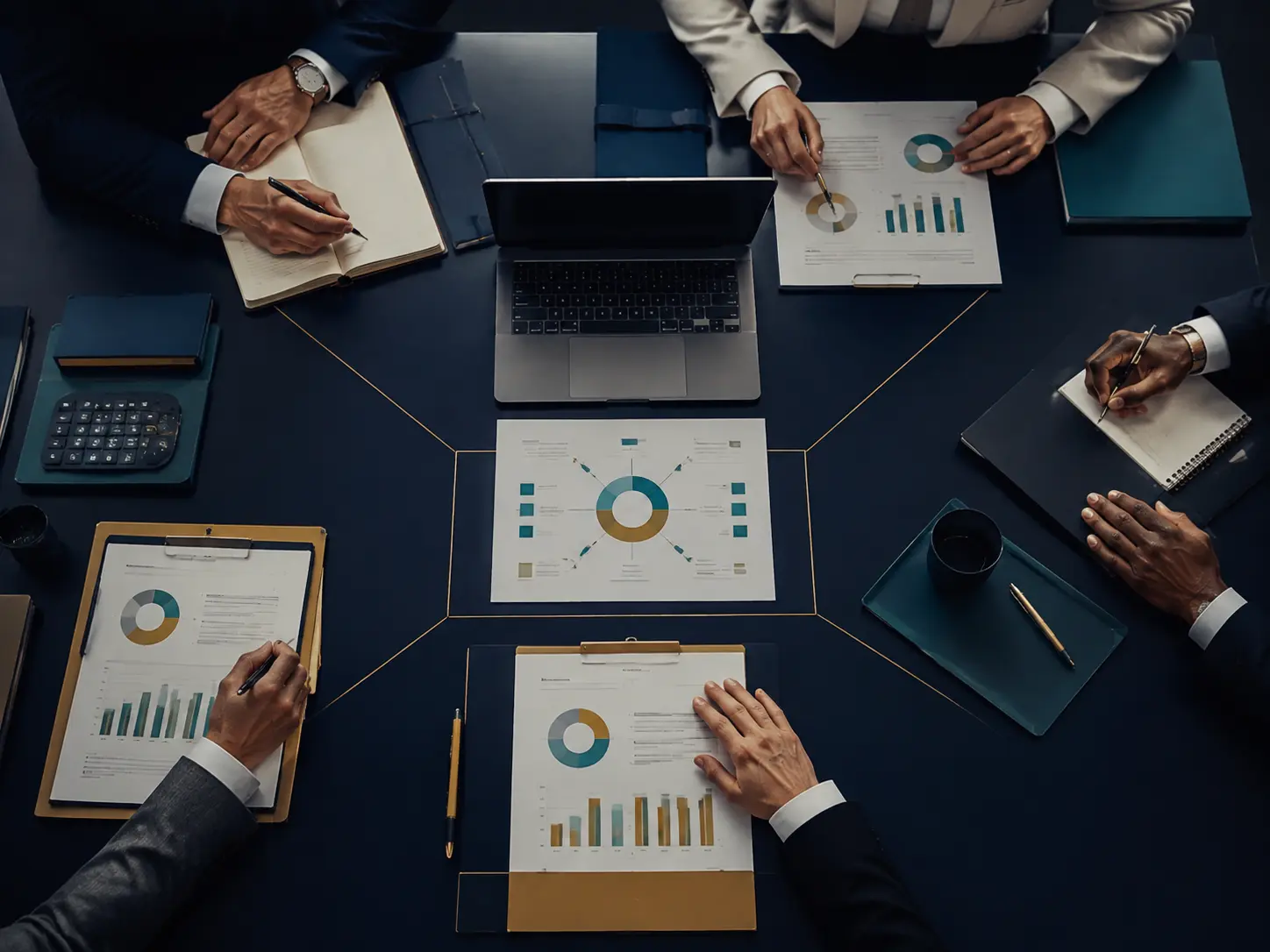 Profissionais analisando informações gerenciais em uma mesa organizada